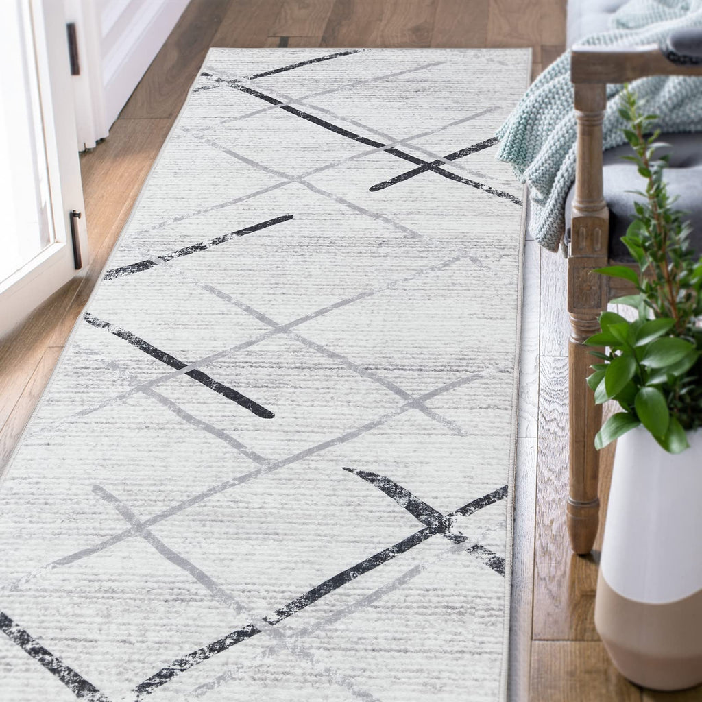 jinchan Runner Rug 2x10 Washable Rug Area Rug Moroccan Rug Black Grey Foldable Thin Rug Modern Geometric Accent Rug Soft Rug Indoor Non Slip Gray Carpet Kitchen Living Room Bedroom Dining Room