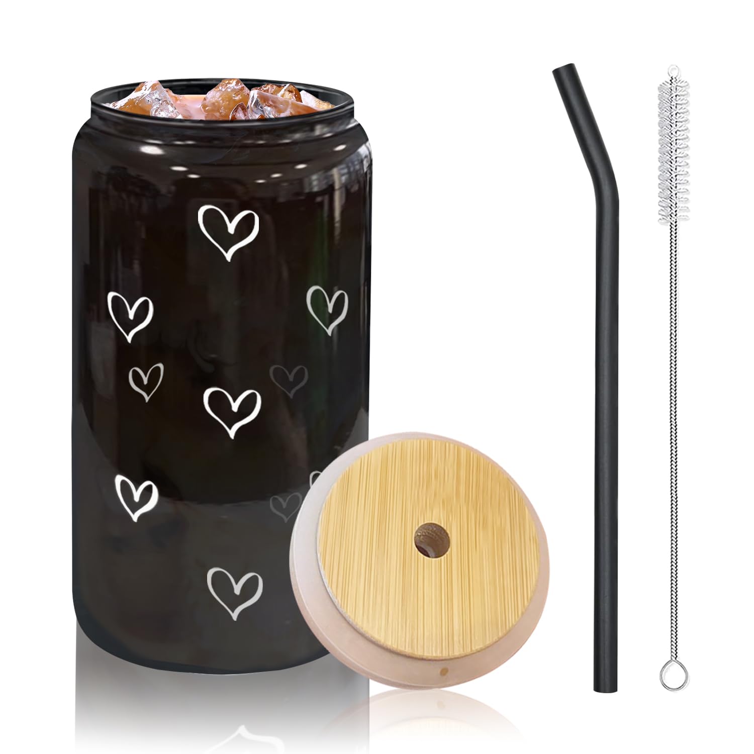 Jlmcreations Heart Patterened Cup with Bamboo Top + Glass Straw | 16oz Can Shaped Glass | Smoothie Glass | Iced Coffee Cup