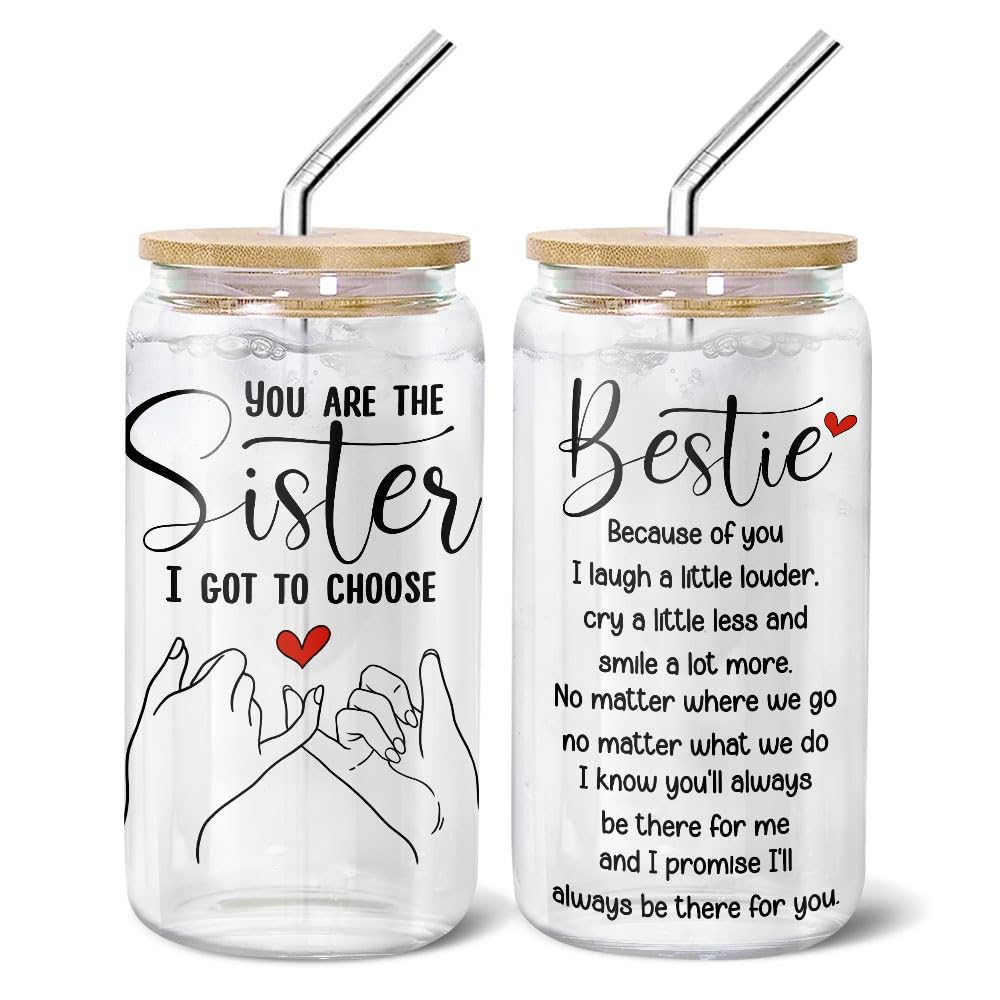 POTINAL Sister Bestie Sister Gifts Glass Cup Tumbler 16 Oz With Lid And Straw Heart Coffee Glass Mug White Glass Can Tumbler Sister Decorations Glass Cup Black Beer Glass Tumbler